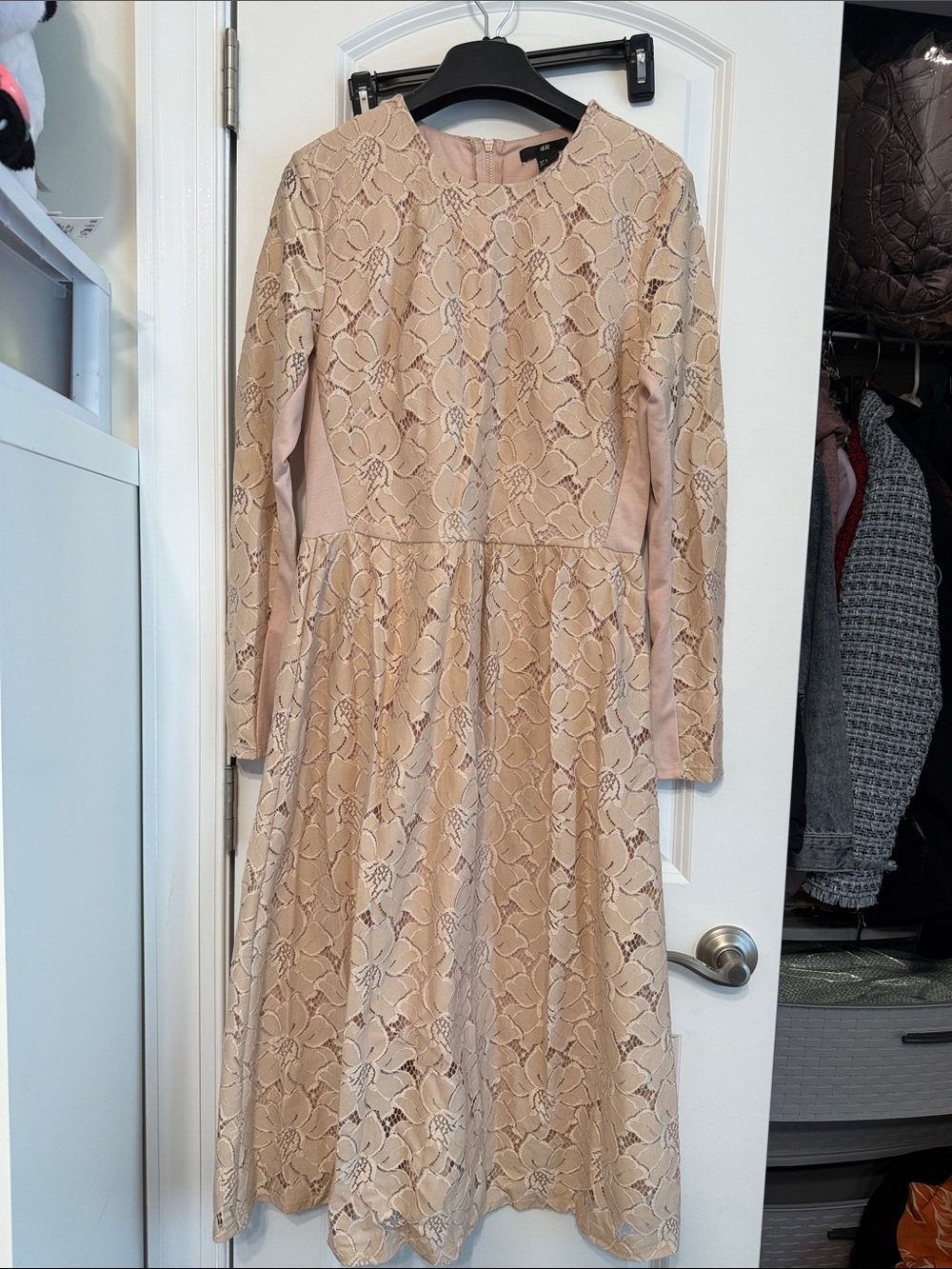 H&M Long-Sleeve Lace Fit & Flare Dress in Light Blush